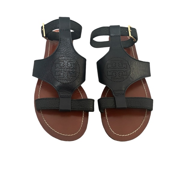 Tory Burch Black Leather Gladiator Ankle Strap Flats Sandals - Picture 3 of 10